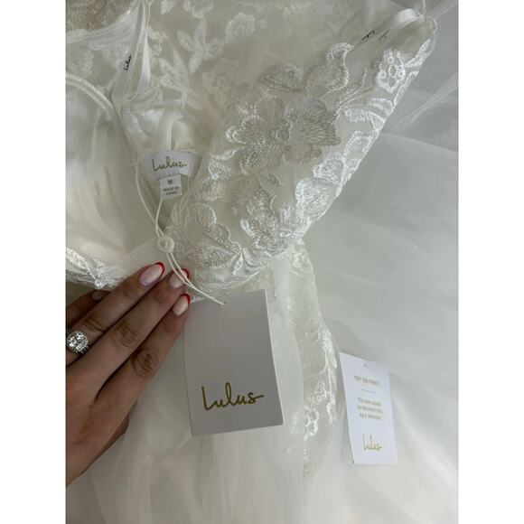 Lulus Mine, All Mine White Embroidered Organza Strapless A-Line Gown Size Medium - Picture 5 of 12